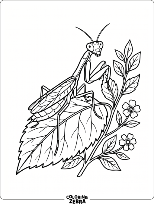 A printable insect book page featuring a mantis on a leaf