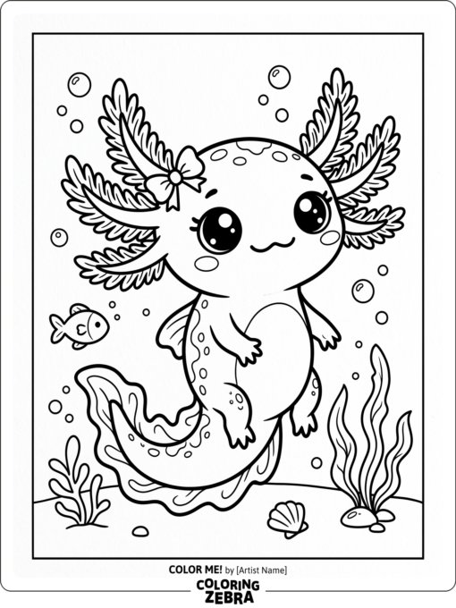 A kawaii axolotl with big eyes and a bow