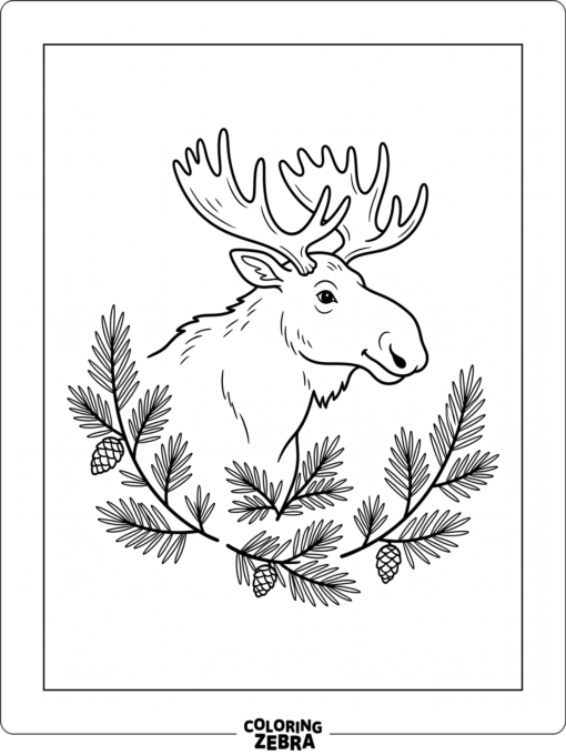 A simple moose outline with pine branches
