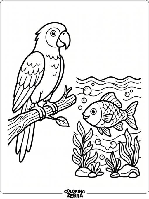 A simple parrot and fish scene with bold outlines