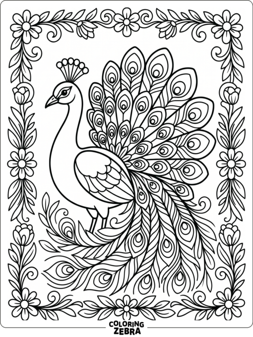 An ornate peacock with a floral border and layered tail feathers