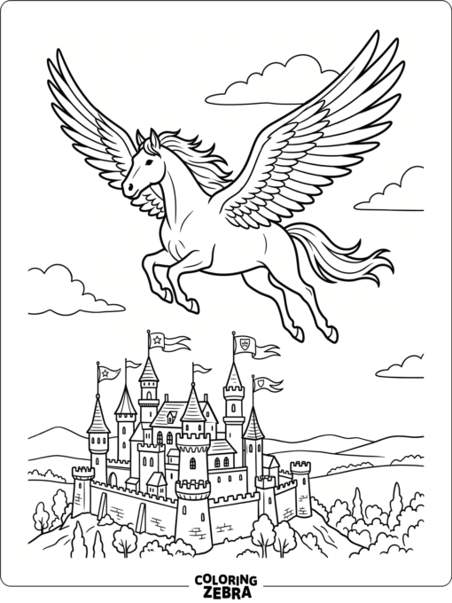 A winged horse flying above a castle