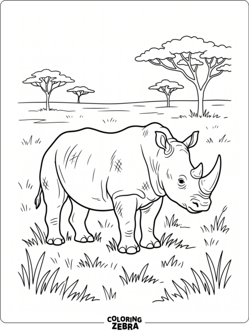 A realistic rhino stands in grass near a few acacia trees