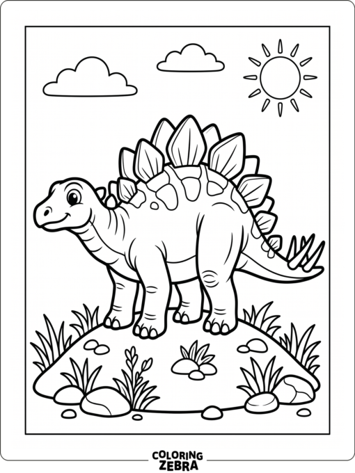 A stegosaurus on a small hill with scattered stones