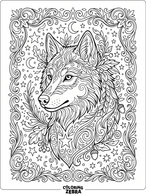 An ornate wolf portrait with leaves and stars
