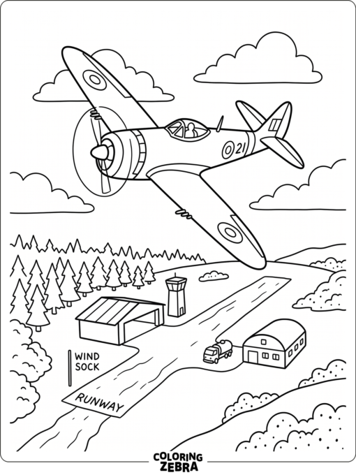 WWII fighter plane turning above a runway