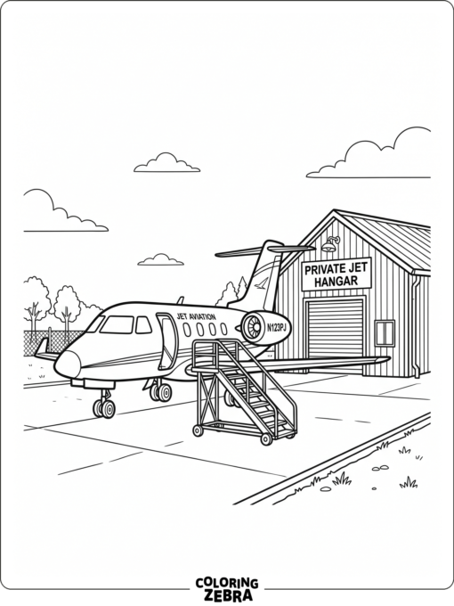 A private jet parked near a hangar with stairs