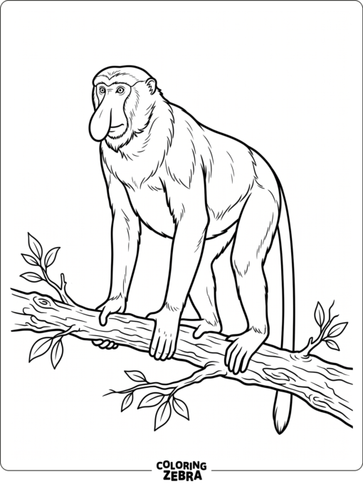 A proboscis monkey standing on a branch with a long nose