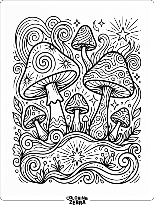 Mushrooms with spirals, waves, and radiant starbursts