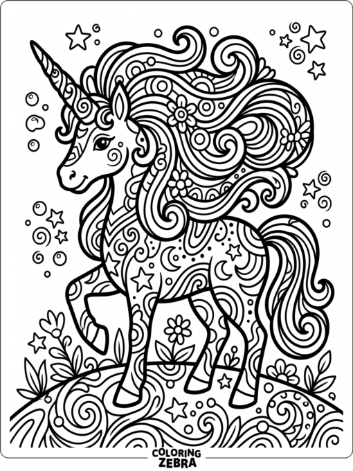 A unicorn with swirling mane patterns and bold shapes