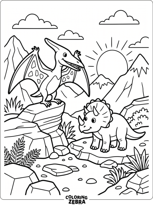 A pterodactyl standing beside a dinosaur