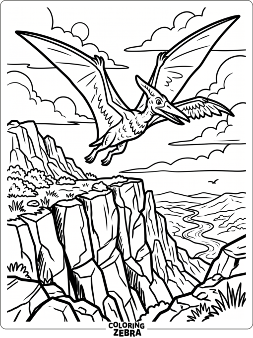 A pterodactyl soaring over cliffs in a simple scene