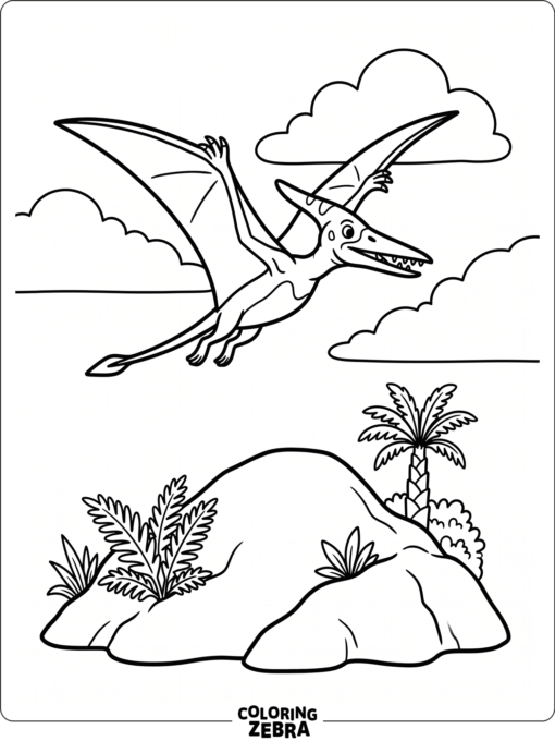 A pterodactyl soaring over a small hill