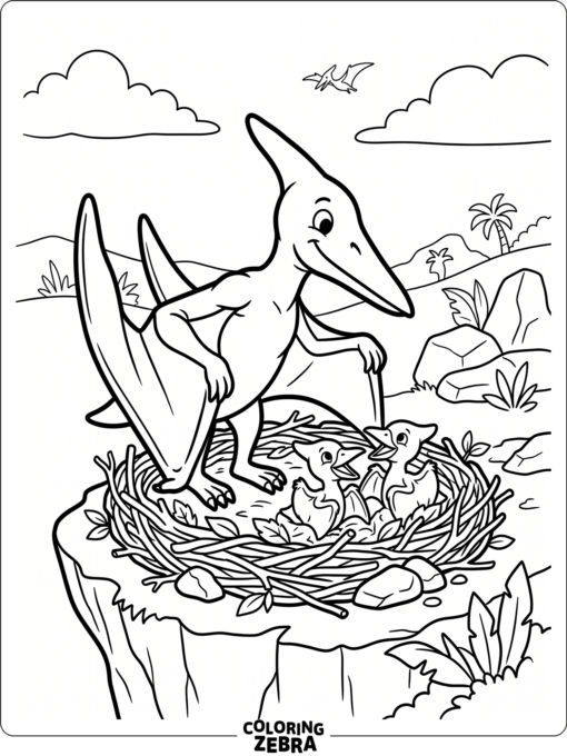 A pterodactyl family with two hatchlings