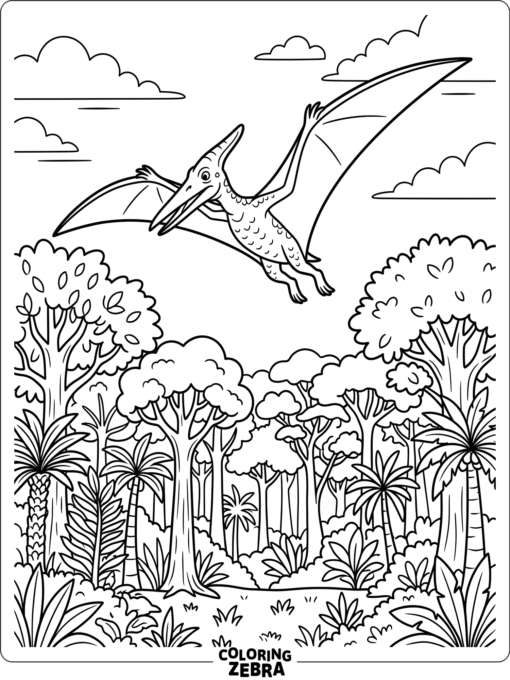 A pterodactyl flying above jungle trees