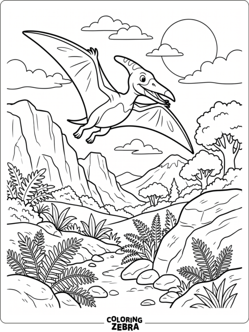 A pterodactyl flying over a prehistoric valley