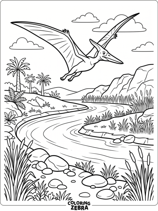 A pterodactyl flying over a river