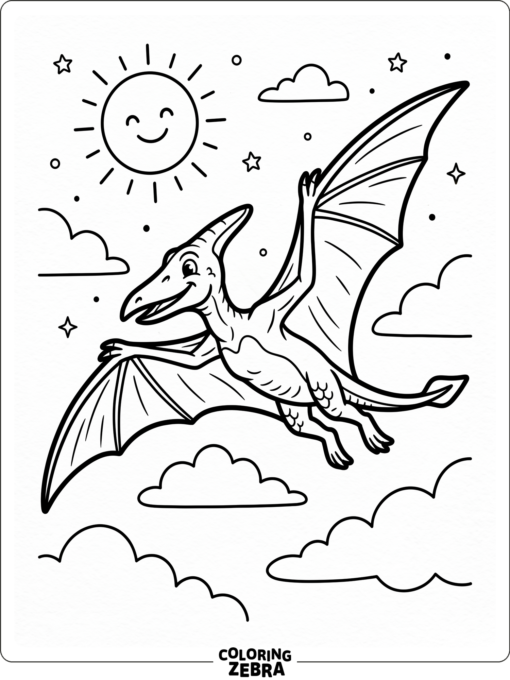 A pterodactyl gliding high in the sky