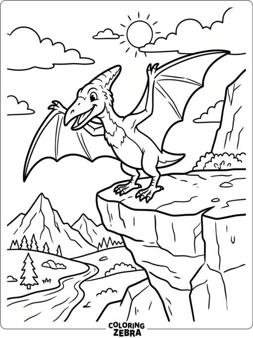 A pterodactyl landing on a rock with wings spread