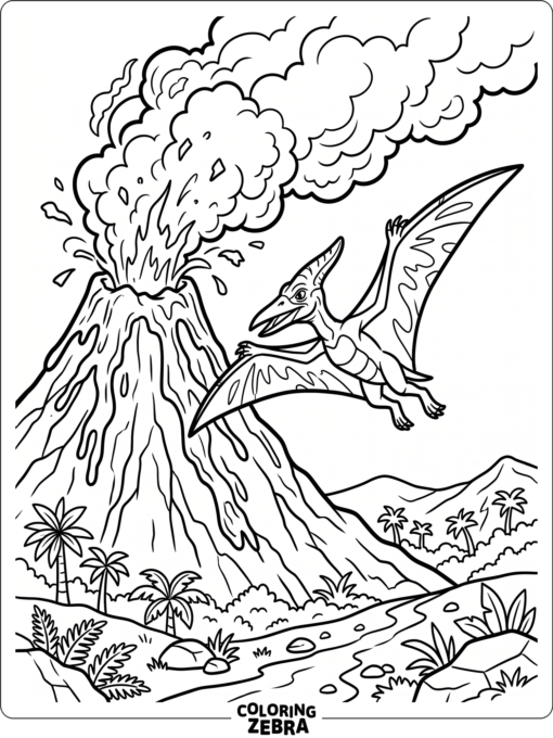 A pterodactyl flying near a volcano