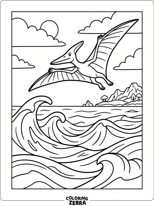 A pterodactyl flying over the ocean