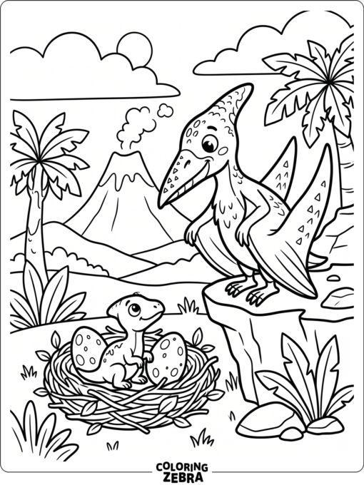 A pterodactyl with a baby dinosaur nearby