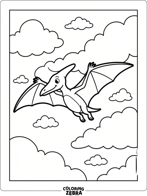 A pterodactyl flying among fluffy clouds