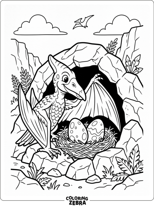 A pterodactyl watching over two eggs