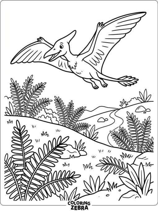 A pterodactyl gliding over ferns with wide wings