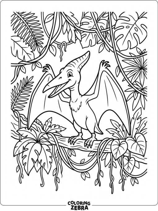 A pterodactyl resting among jungle vines and leaves