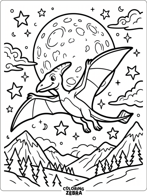 A pterodactyl flying past the moon at night