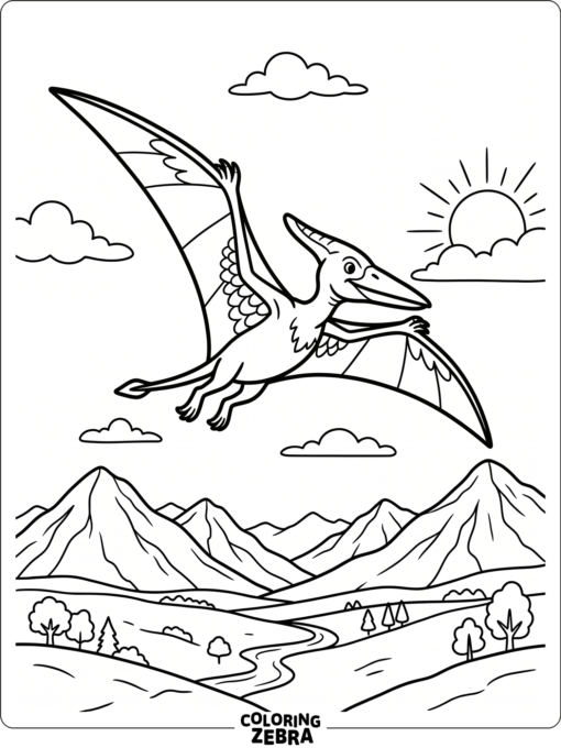 A pterodactyl flying past mountains