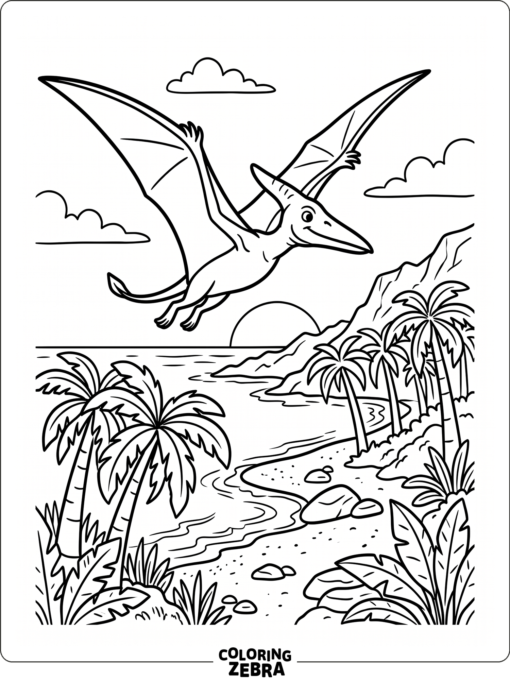 A pterodactyl flying past palm trees