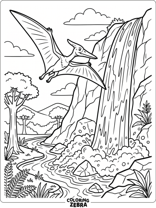 A pterodactyl flying near a waterfall