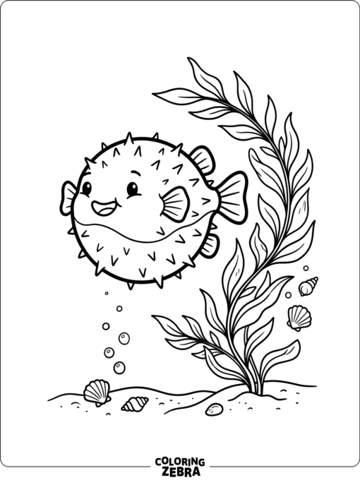 A puffer fish floating near seaweed and shells