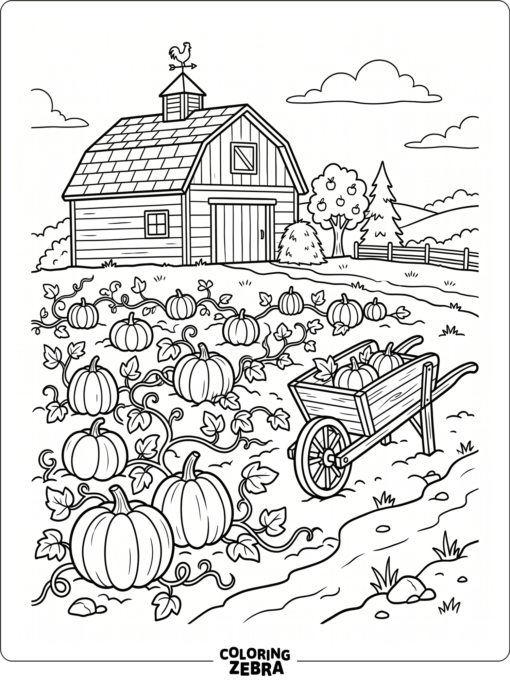 A pumpkin patch with vines, a wheelbarrow, and a barn