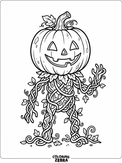 A pumpkin monster with vines and a carved face