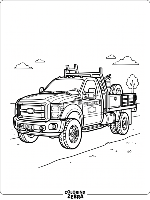 A sturdy work truck with tools and a ladder makes a practical coloring scene. The simple equipment adds interest without crowding the page.