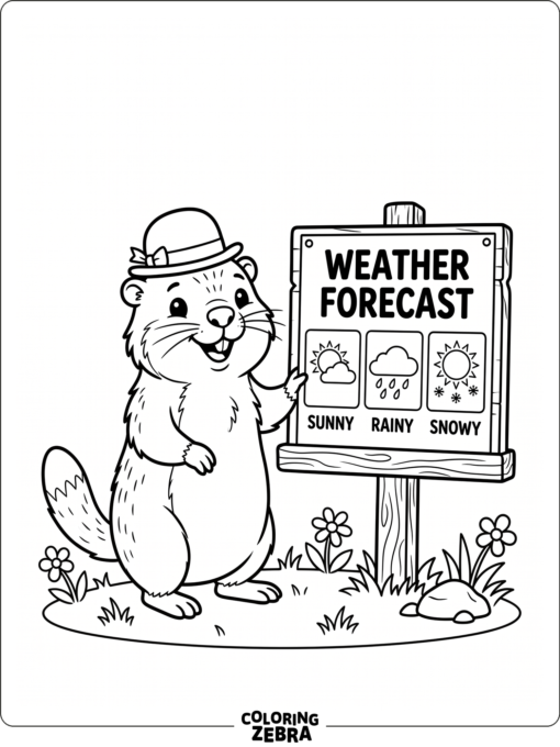 Groundhog wearing a small hat by a weather chart