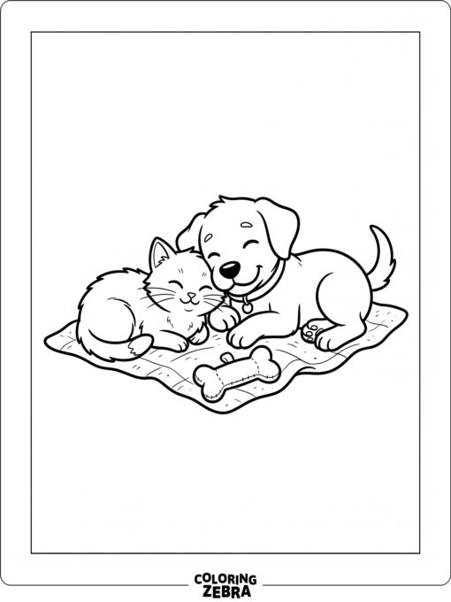 A puppy and a kitten resting beside a toy