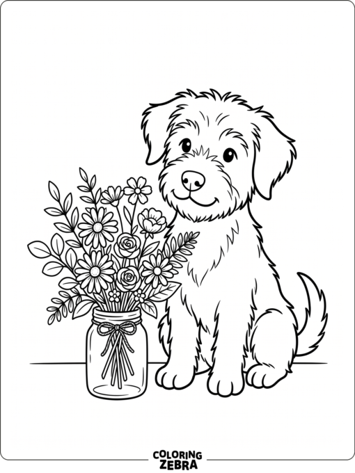A puppy sits next to a small bouquet of flowers