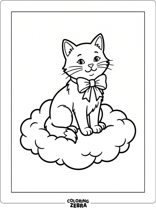 A purple cat with a bow sitting on a cloud