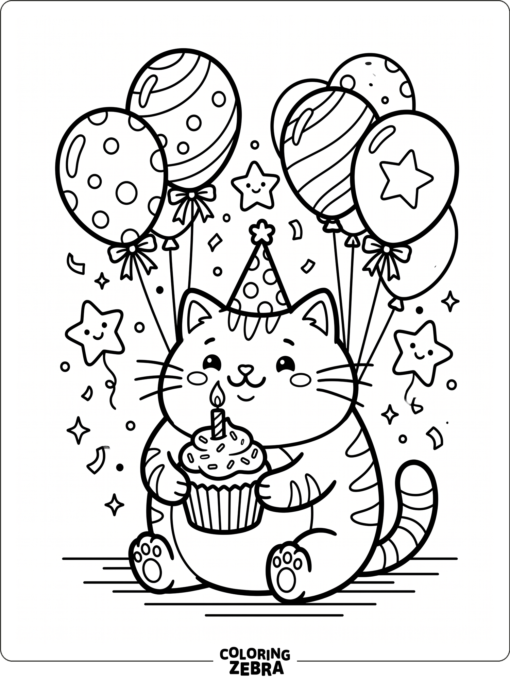 A cute round cat holding a cupcake with balloons