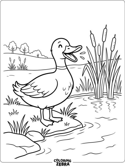 A duck quacking beside a pond
