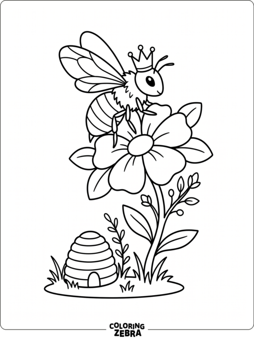 A queen bee on a flower near a hive