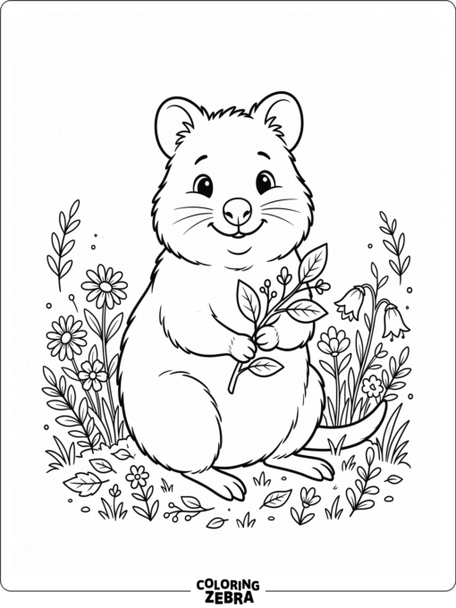 A quokka sitting beside a leaf