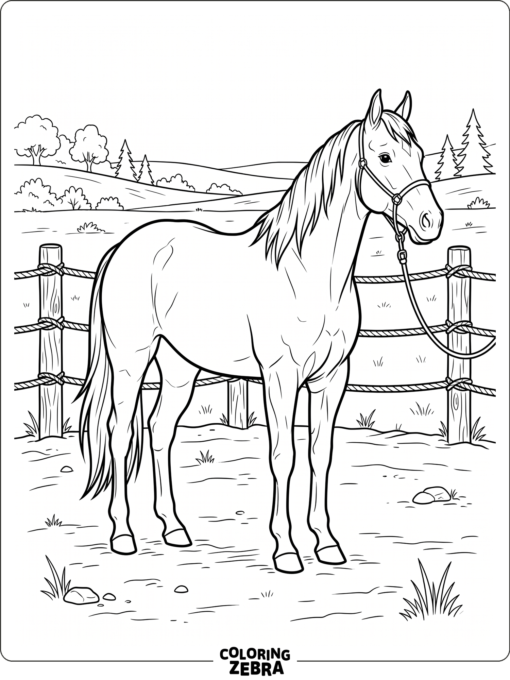 A Quarter Horse stands in a ranch arena