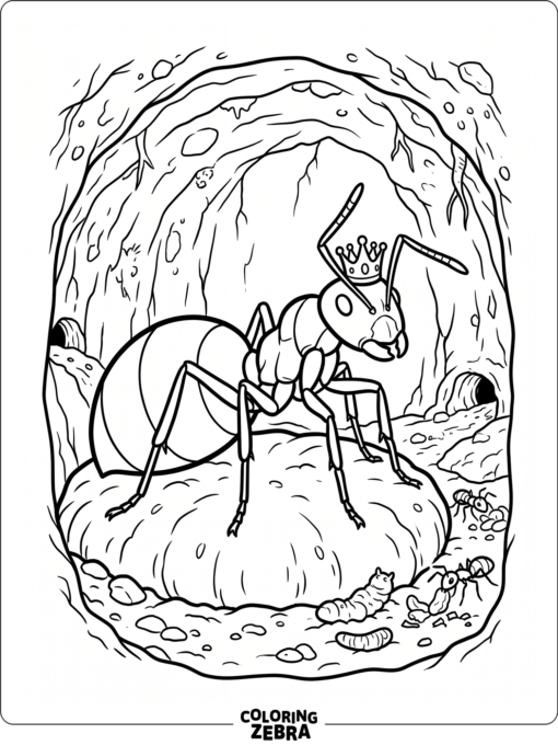 A queen ant with a larger body in a chamber