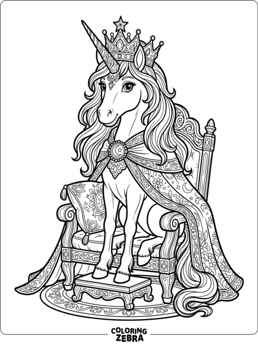 A crowned unicorn sitting on a throne