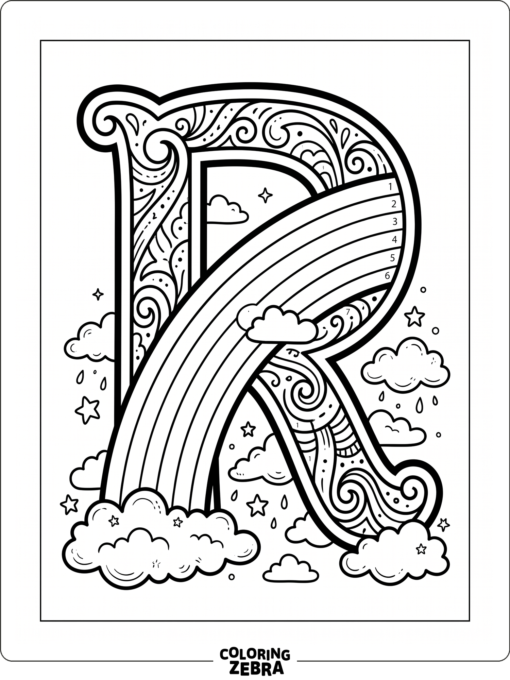 The letter R with a rainbow stripe and clouds